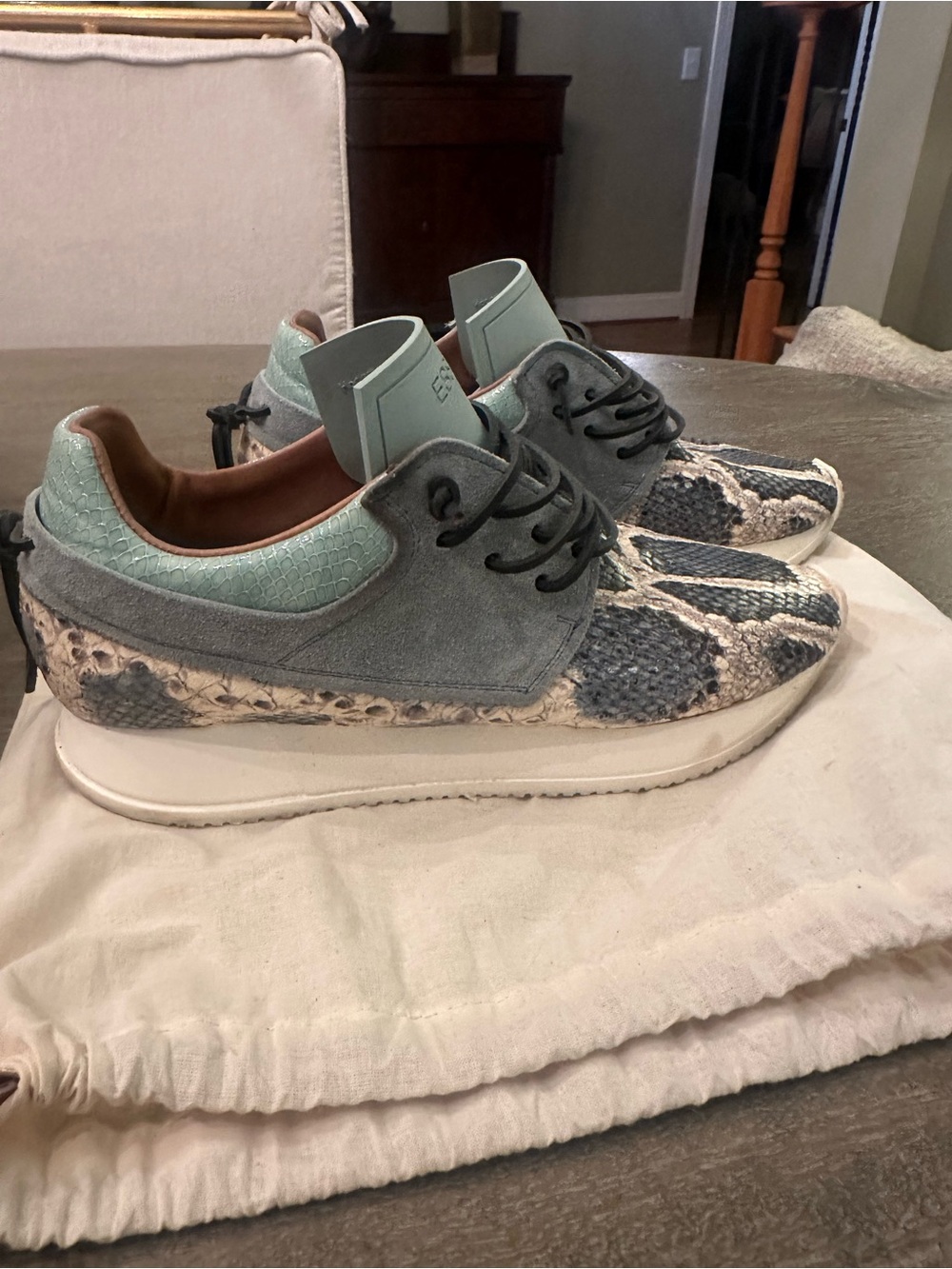 ESSEutESSE Teal/Gray Python Suede fringe sneakers. Worn ONCE. Size 40